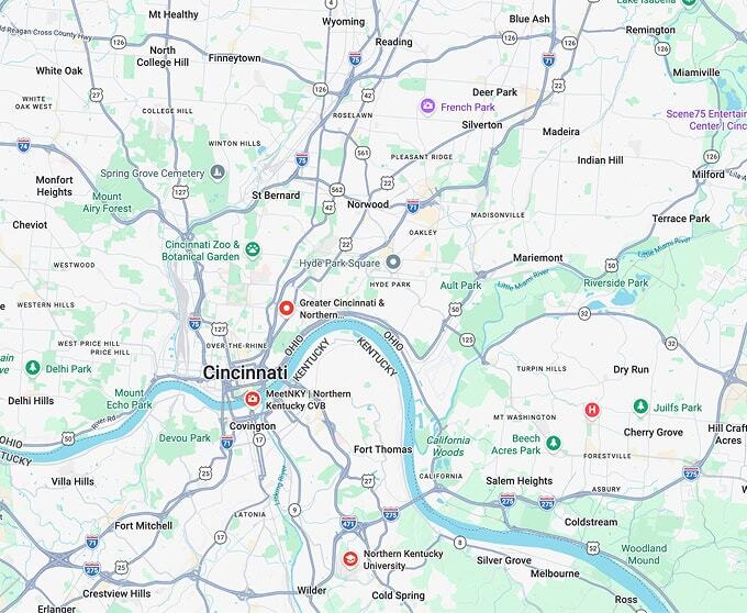 Map of the Cincinnati and Northern Kentucky service area, from Covington and Fort Thomas to Blue Ash and Milford